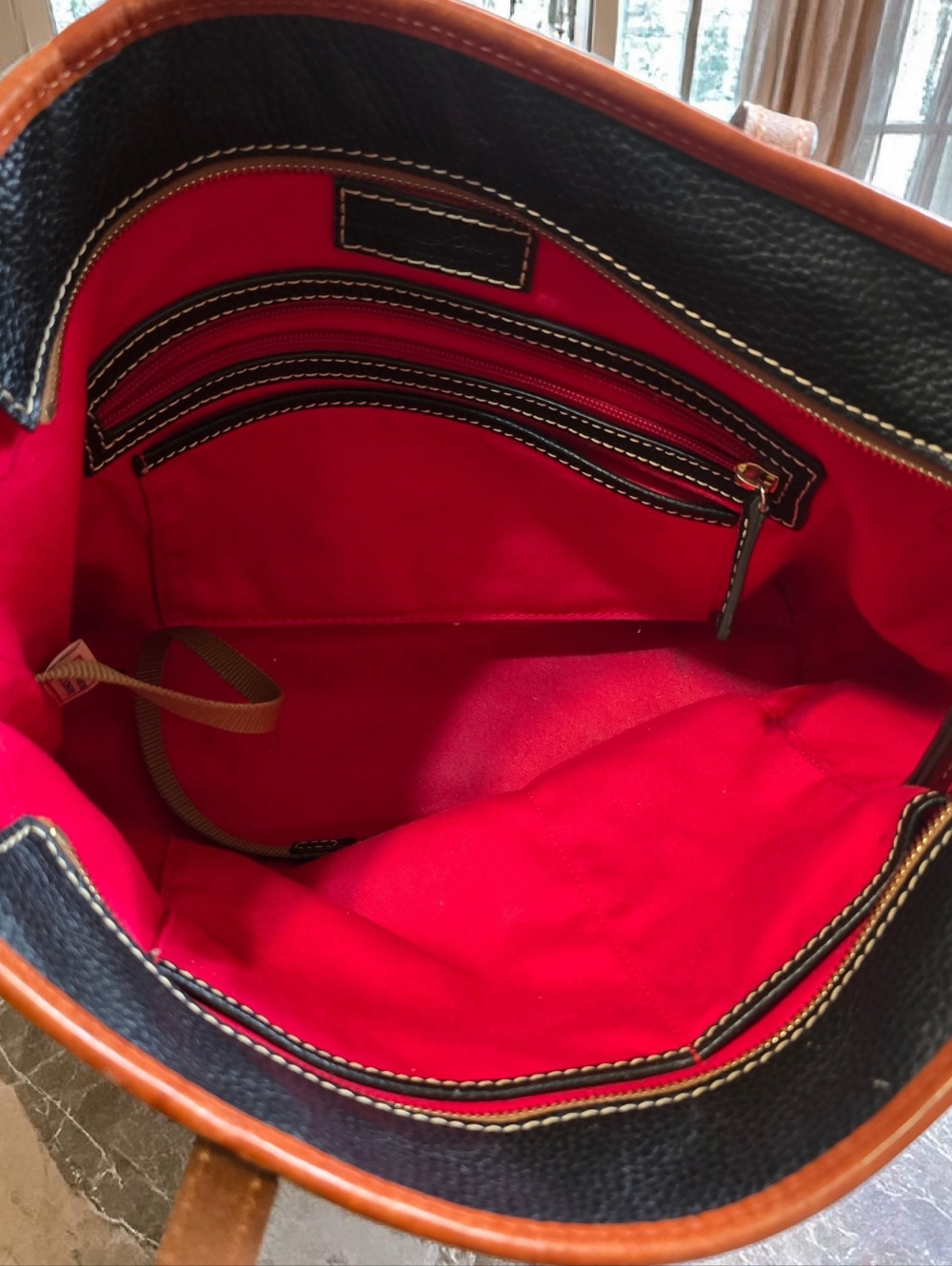 Dooney & Bourke Black Pebbled Leather Tote Brown Trim + NEW Red Leather Strap - Picture 4 of 9